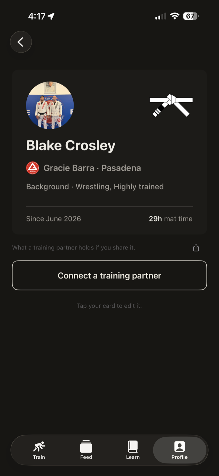 A Randori profile card with belt, academy, and mat time