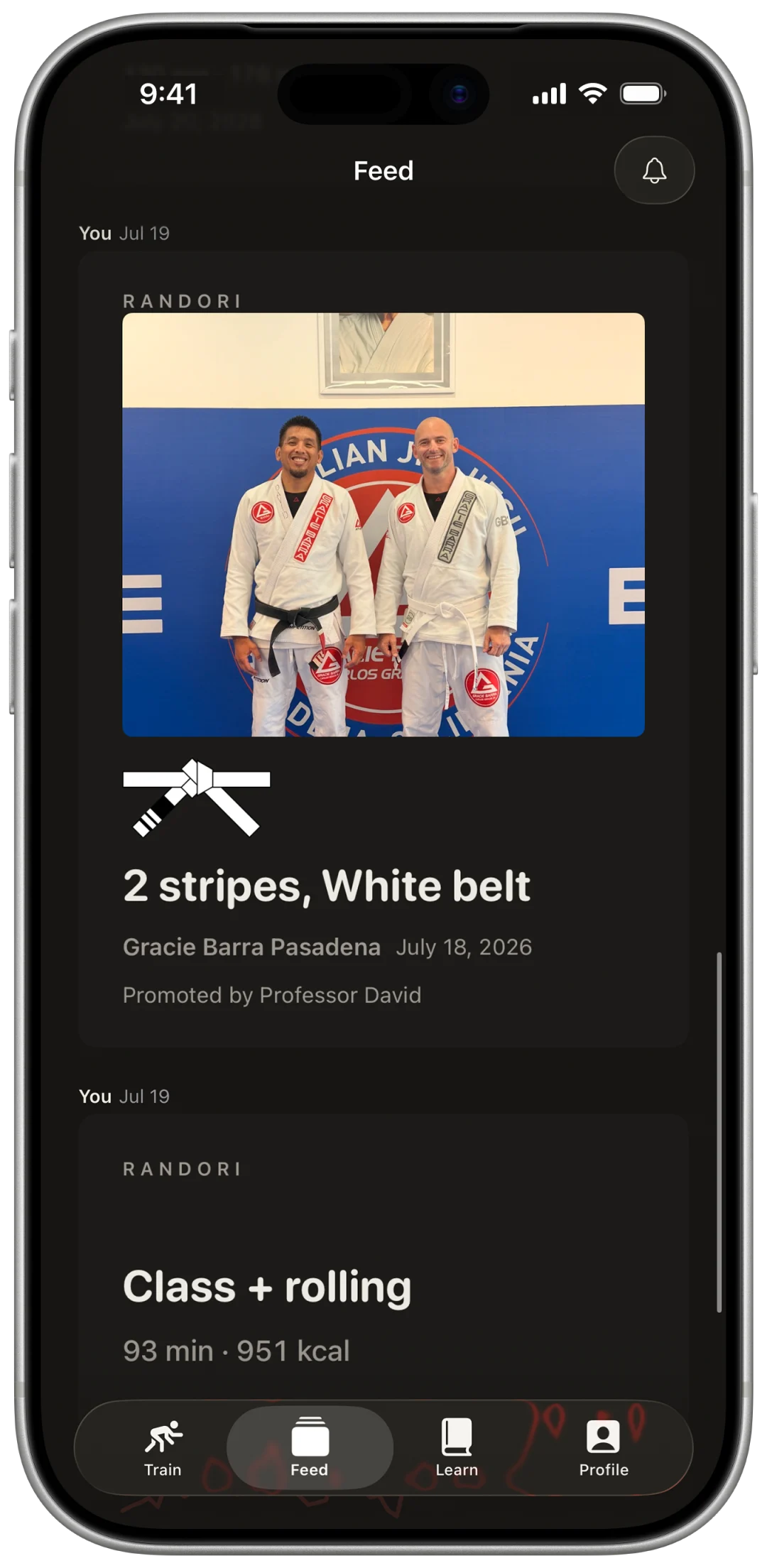 A promotion post in the feed: two stripes on a white belt at Gracie Barra Pasadena